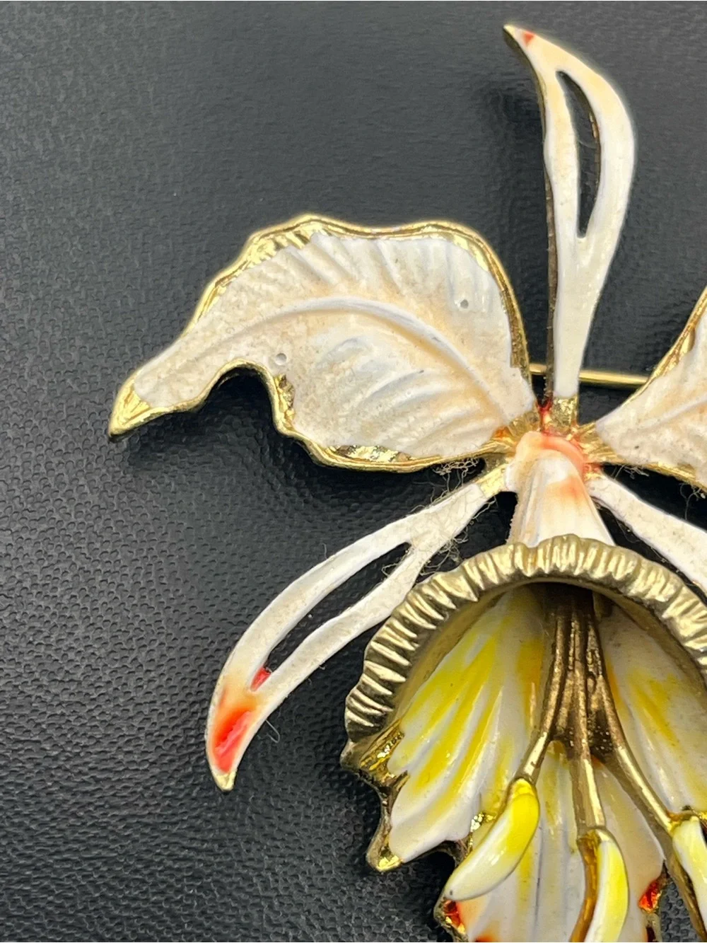Weiss orchid flower enamel gold tone vintage brooch pin orange yellow